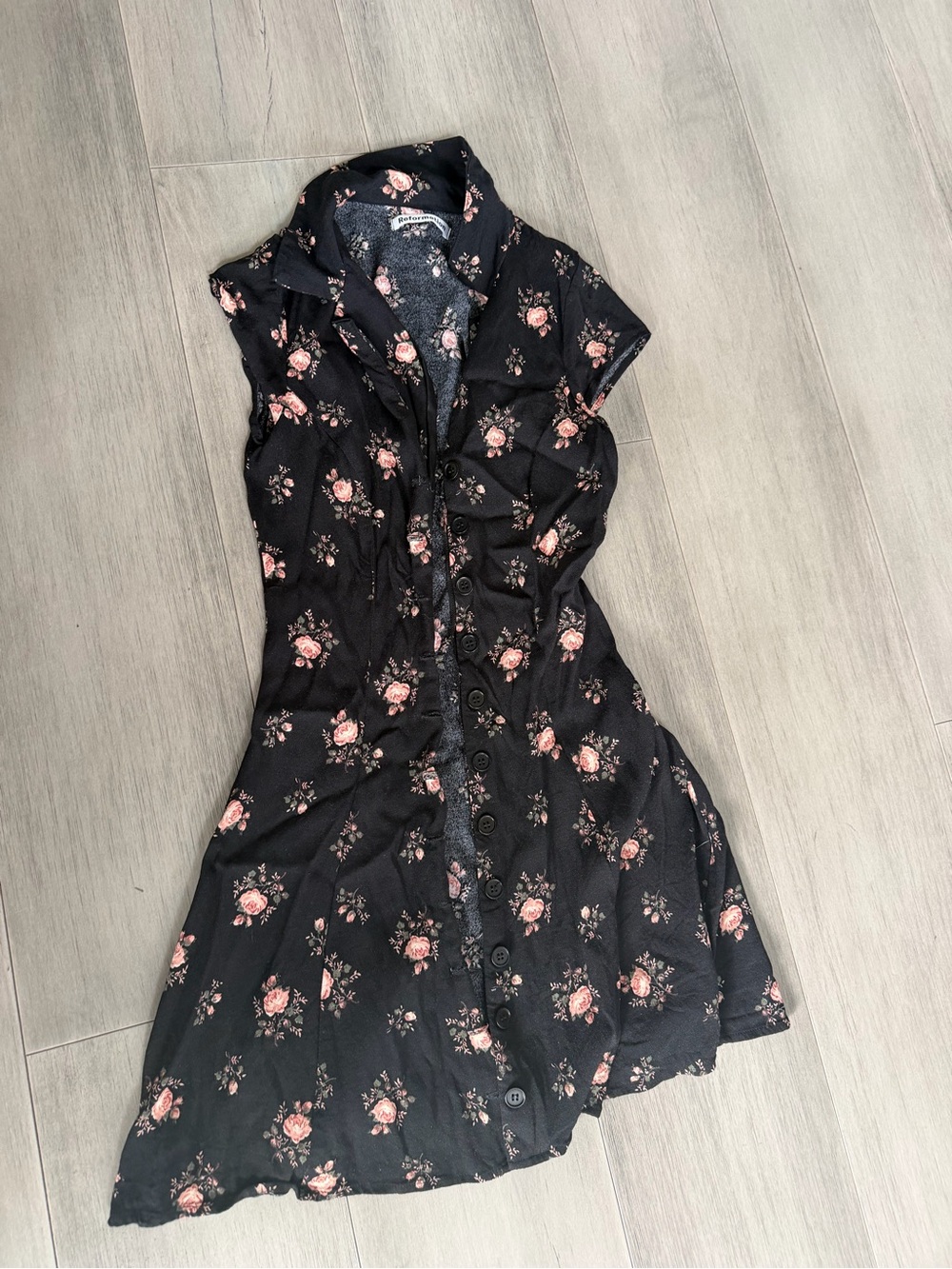 Reformation Black Collared Button-Front Dress with Pink Rose Print